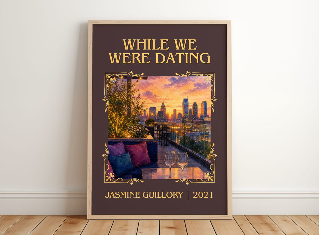 While We Were Dating Classic Book Art Print by Jasmine Guillory – framed print leaning on a wooden floor