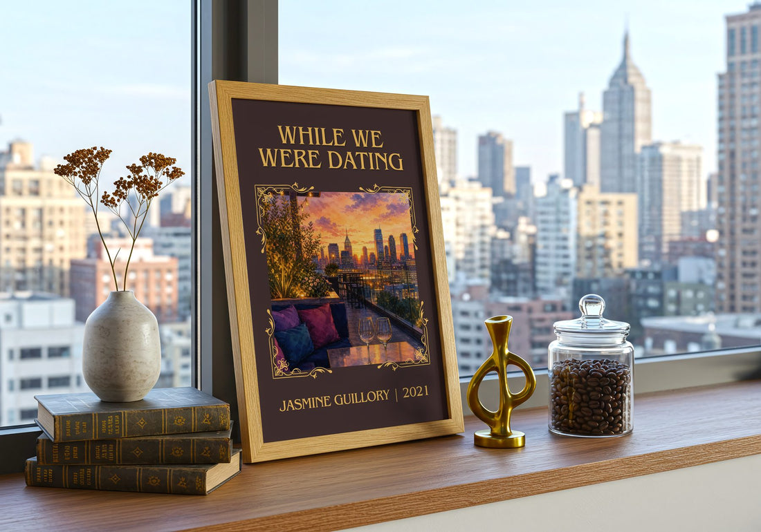 While We Were Dating Classic Book Art Print by Jasmine Guillory – framed print on a city-view windowsill