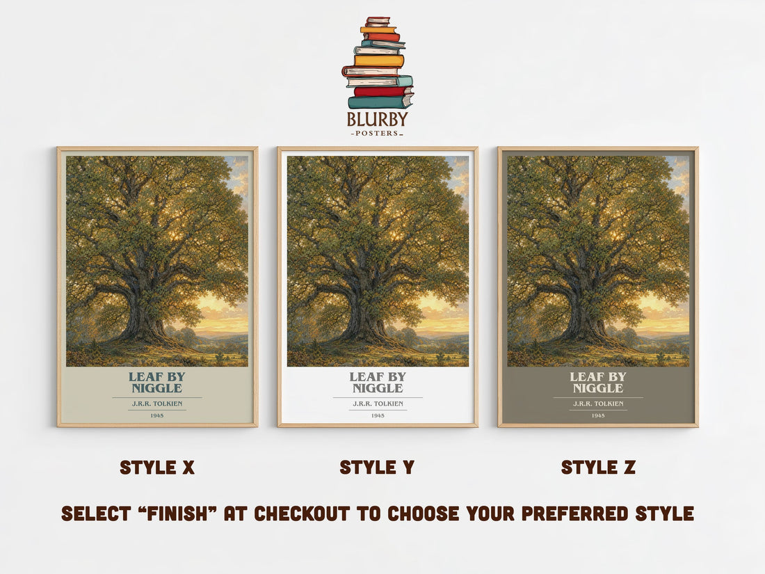 Leaf By Niggle book cover print in frame leaning in hallway – fantasy wall art (mockup)