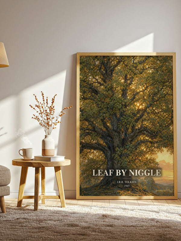 Leaf By Niggle watercolour print in frame leaning in hallway – fantasy wall art