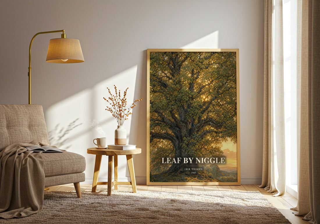 Leaf By Niggle watercolour print in frame leaning in hallway – fantasy wall art (mockup)