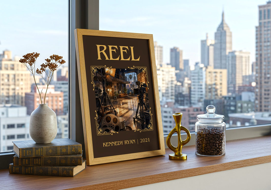 Reel Classic Book Art Print by Kennedy Ryan – framed print on a city-view windowsill
