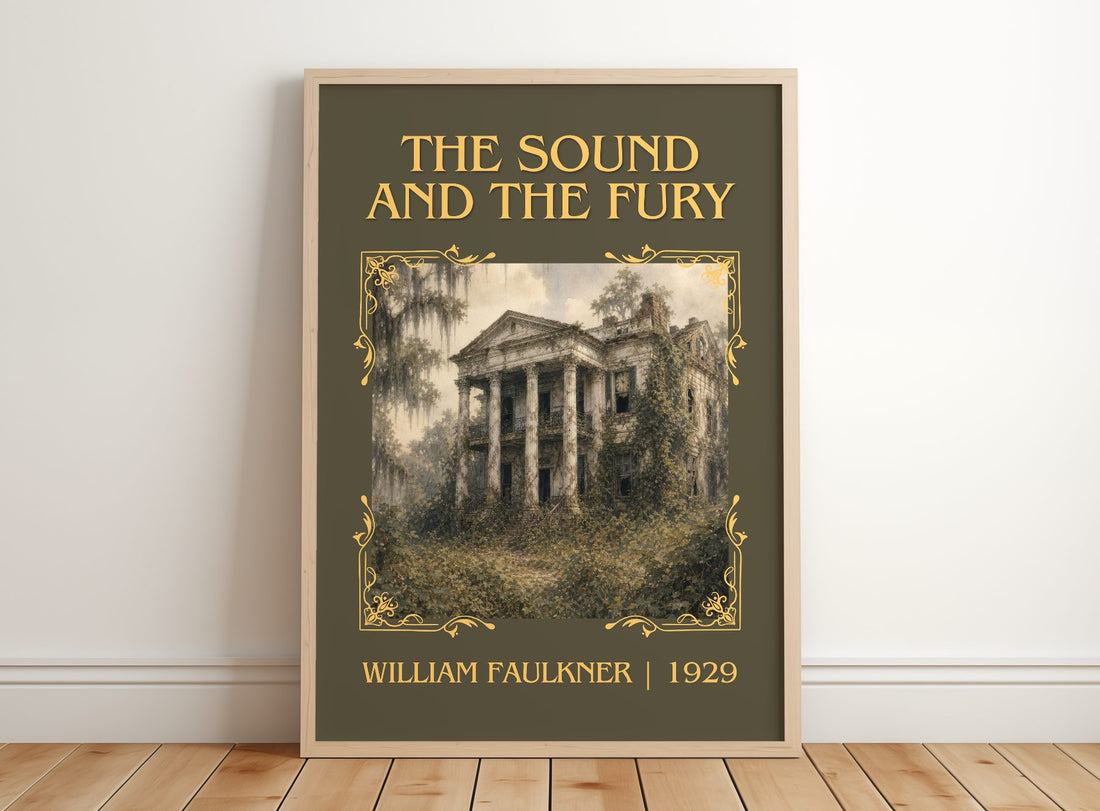 The Sound and the Fury Classic Book Art Print by William Faulkner – framed print leaning on a wooden floor