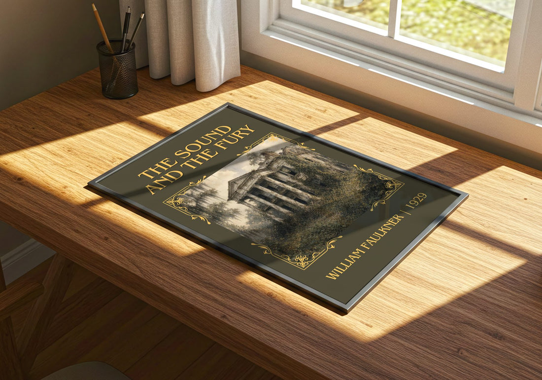 The Sound and the Fury Classic Book Art Print by William Faulkner – print on a sunlit desk