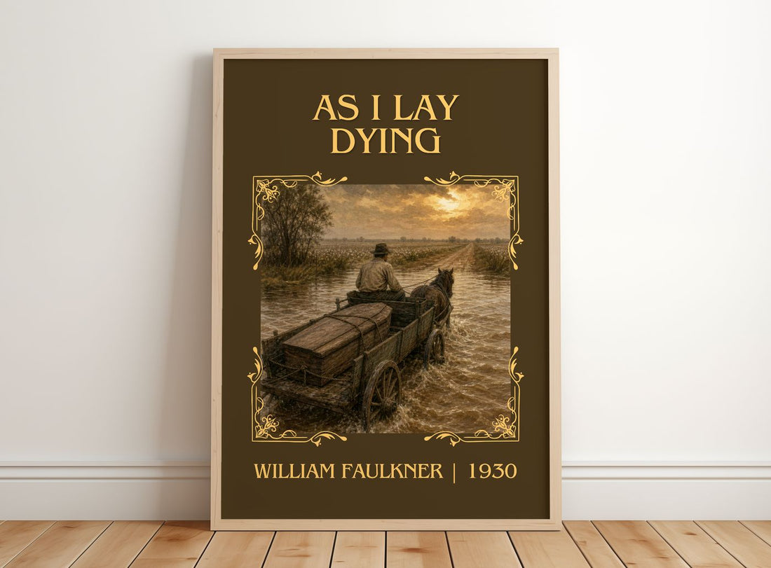 As I Lay Dying Classic Book Art Print by William Faulkner – framed print leaning on a wooden floor