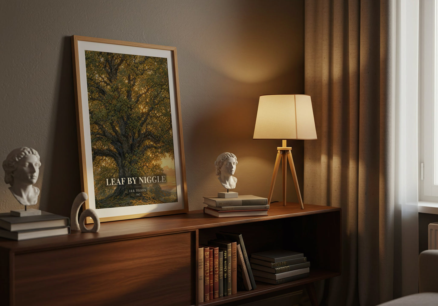Leaf By Niggle watercolour print on bookshelf – J.R.R. Tolkien fan gift