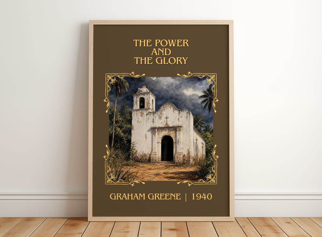 The Power and the Glory Classic Book Art Print by Graham Greene – framed print leaning on a wooden floor