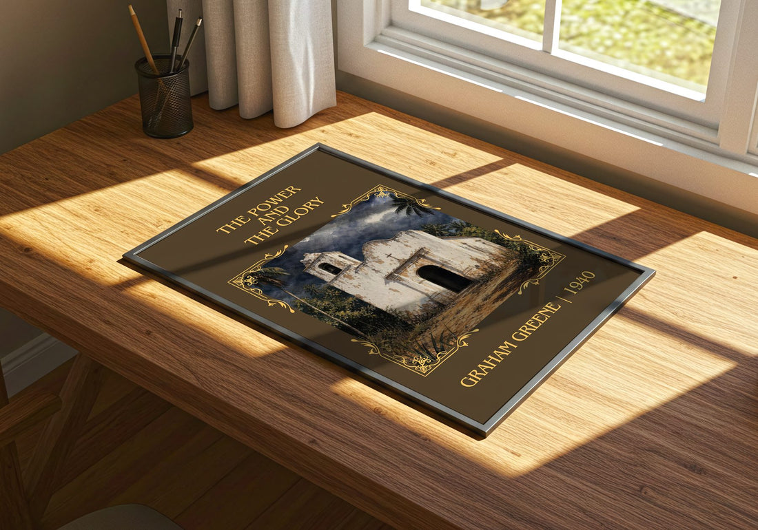 The Power and the Glory Classic Book Art Print by Graham Greene – print on a sunlit desk