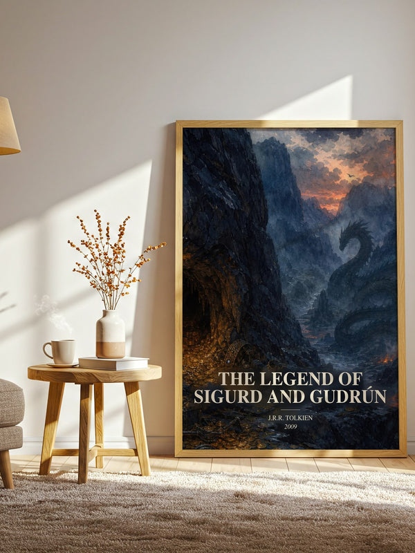 The Legend Of Sigurd And Gudrún watercolour print in frame leaning in hallway – poetry wall art