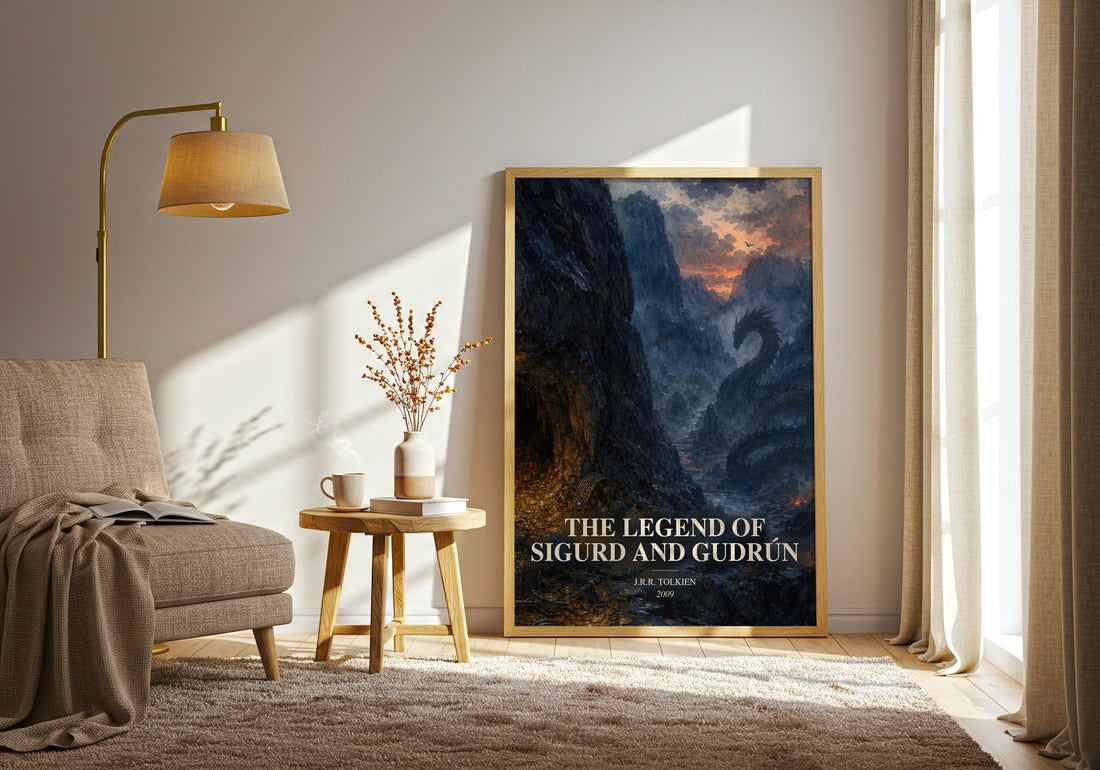 The Legend Of Sigurd And Gudrún watercolour print in frame leaning in hallway – poetry wall art (mockup)