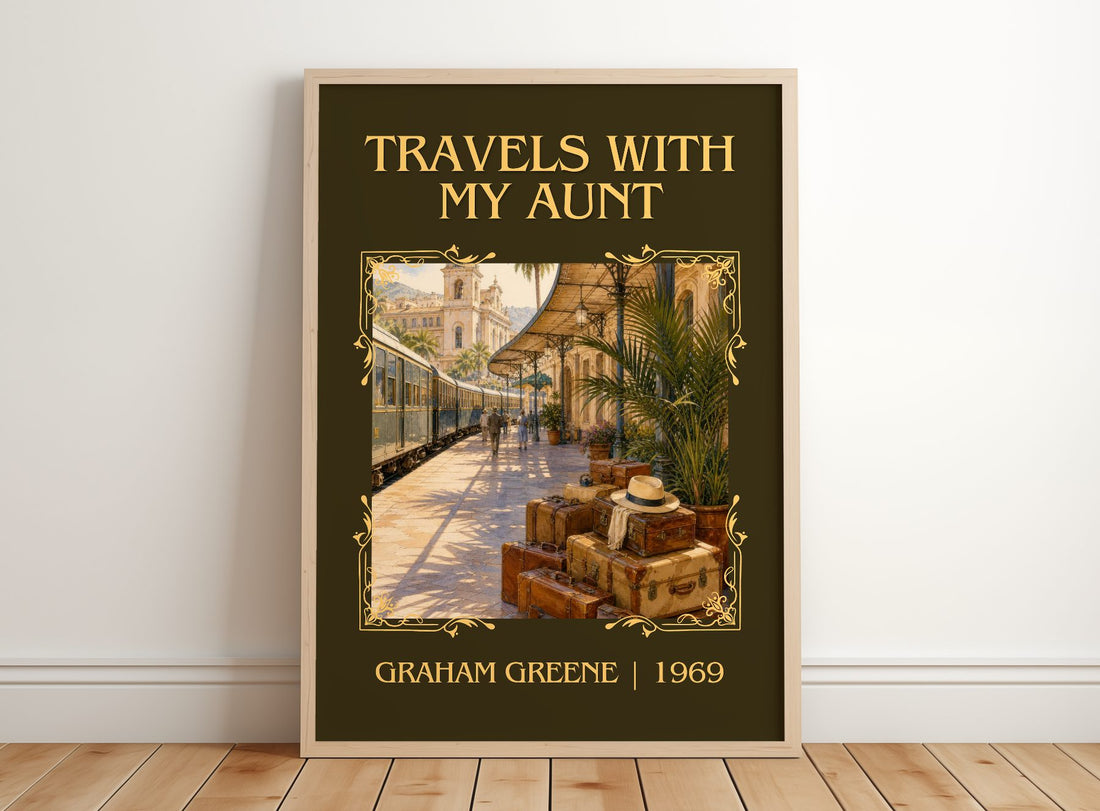 Travels with My Aunt Classic Book Art Print by Graham Greene – framed print leaning on a wooden floor