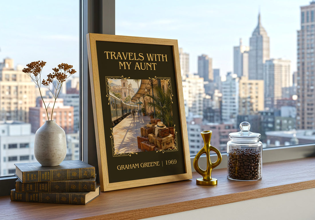 Travels with My Aunt Classic Book Art Print by Graham Greene – framed print on a city-view windowsill