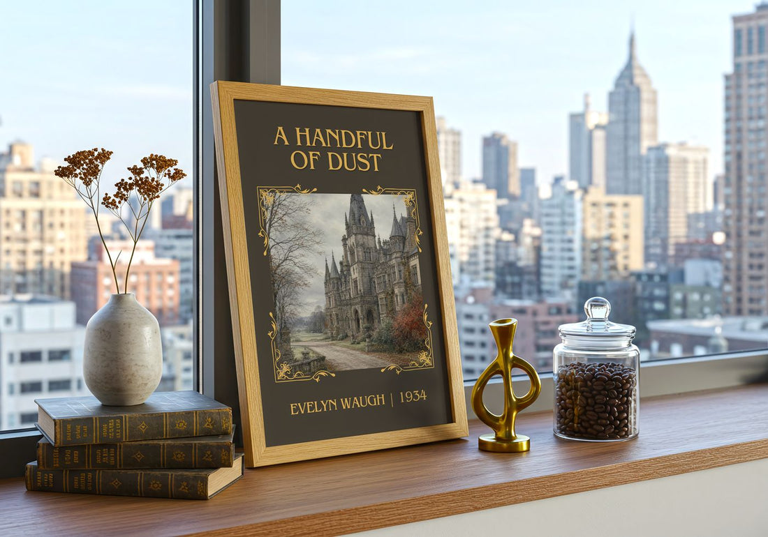 A Handful of Dust Classic Book Art Print by Evelyn Waugh – framed print on a city-view windowsill