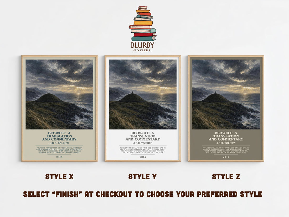 Beowulf: A Translation And Commentary bookish print in frame leaning in hallway – poetry wall art (mockup)