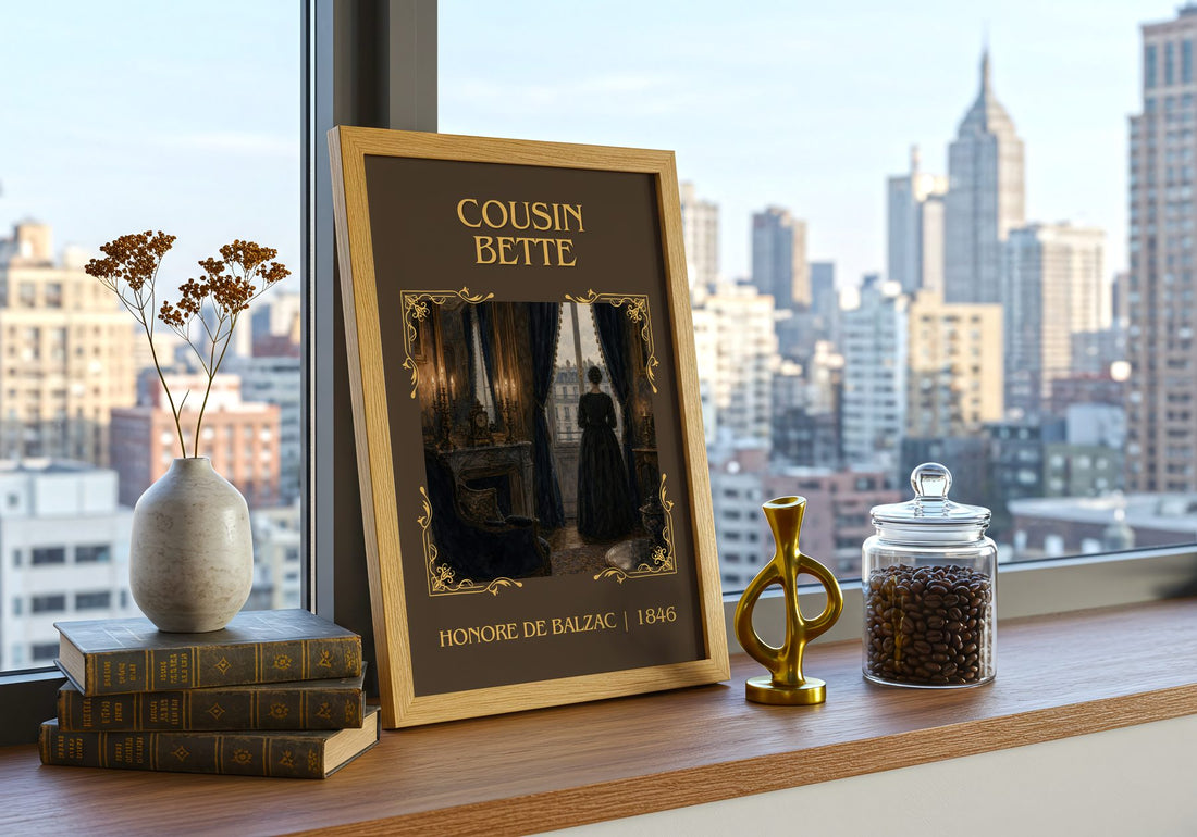 Cousin Bette Classic Book Art Print by Honoré de Balzac – framed print on a city-view windowsill