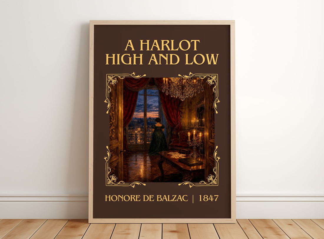 A Harlot High and Low Classic Book Art Print by Honoré de Balzac – framed print leaning on a wooden floor