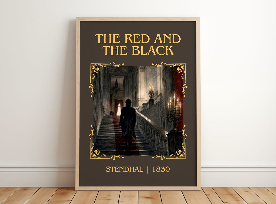 The Red and the Black Classic Book Art Print by Stendhal – framed print leaning on a wooden floor