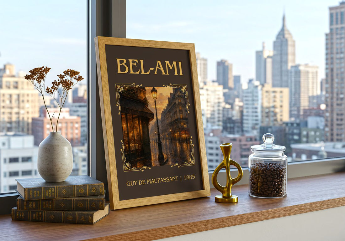 Bel-Ami Classic Book Art Print by Guy de Maupassant – framed print on a city-view windowsill