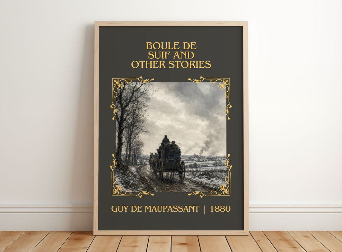 Boule de Suif and Other Stories Classic Book Art Print by Guy de Maupassant – framed print leaning on a wooden floor