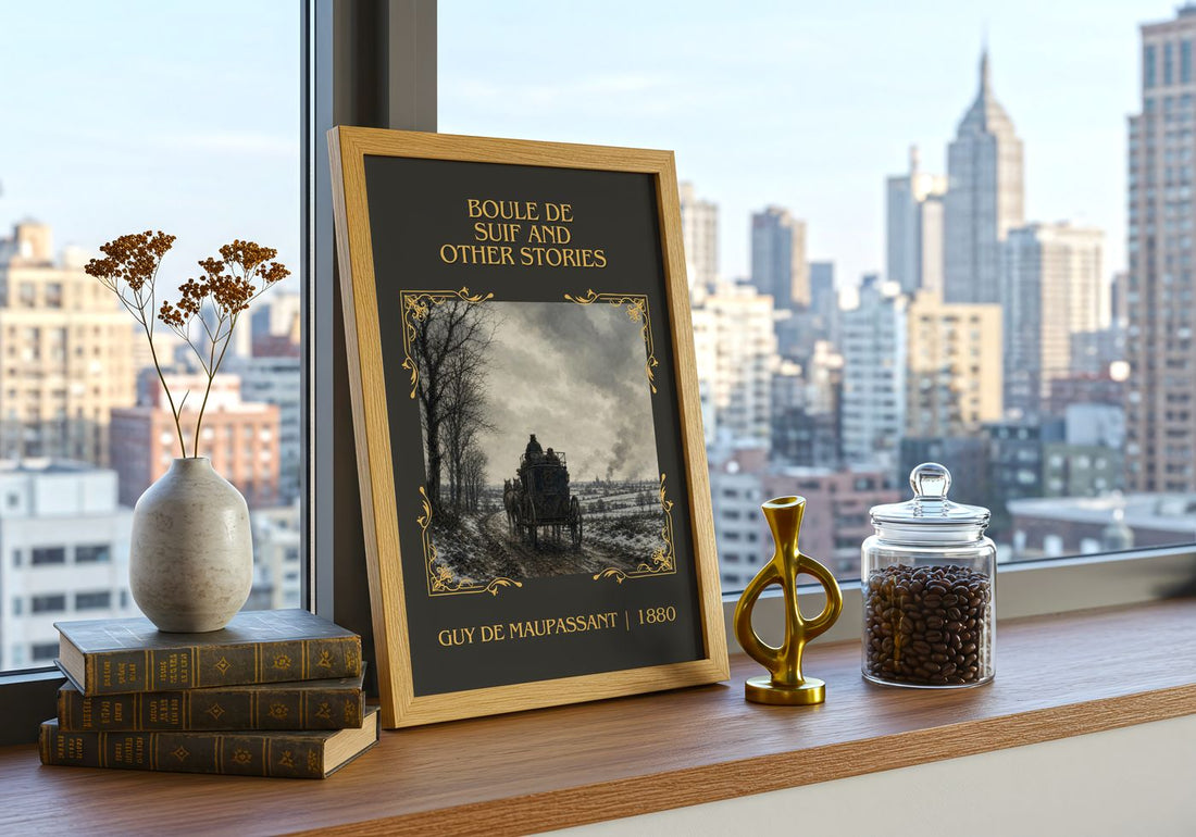 Boule de Suif and Other Stories Classic Book Art Print by Guy de Maupassant – framed print on a city-view windowsill