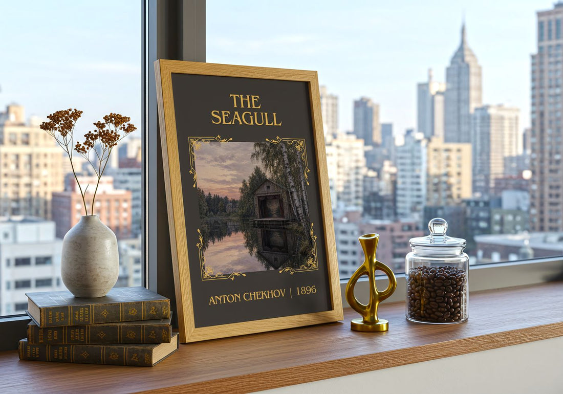 The Seagull Classic Book Art Print by Anton Chekhov – framed print on a city-view windowsill