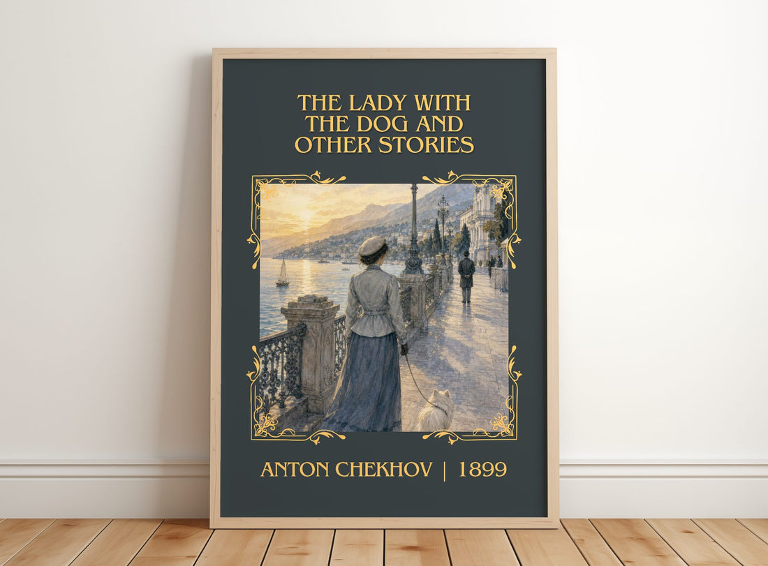 The Lady with the Dog and Other Stories Classic Book Art Print by Anton Chekhov – framed print leaning on a wooden floor