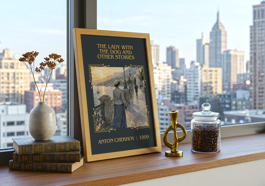 The Lady with the Dog and Other Stories Classic Book Art Print by Anton Chekhov – framed print on a city-view windowsill
