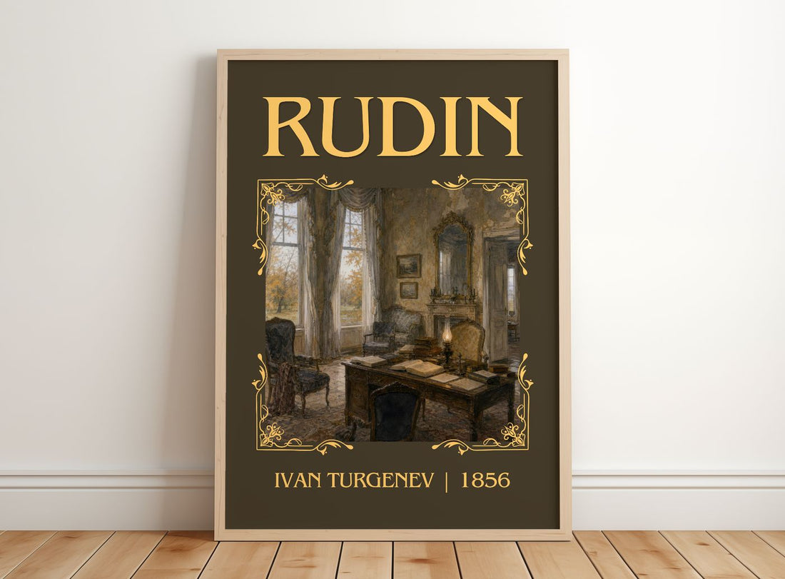 Rudin Classic Book Art Print by Ivan Turgenev – framed print leaning on a wooden floor