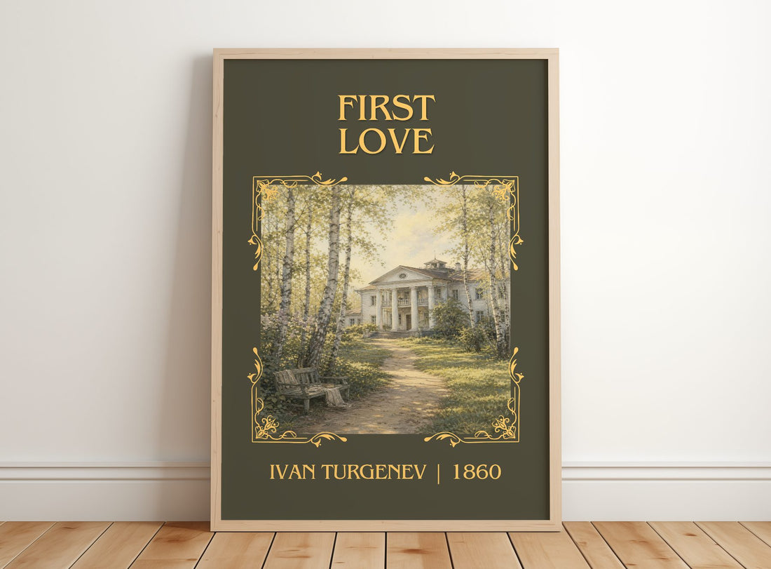First Love Classic Book Art Print by Ivan Turgenev – framed print leaning on a wooden floor