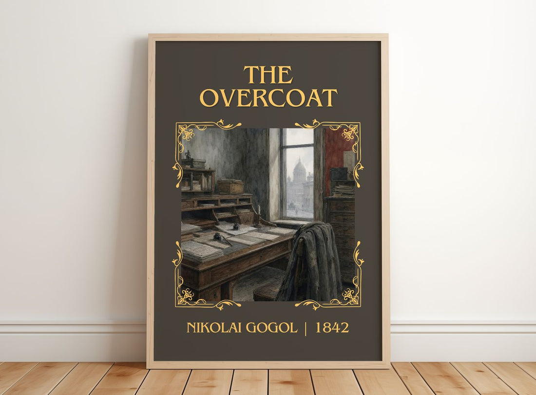 The Overcoat Classic Book Art Print by Nikolai Gogol – framed print leaning on a wooden floor