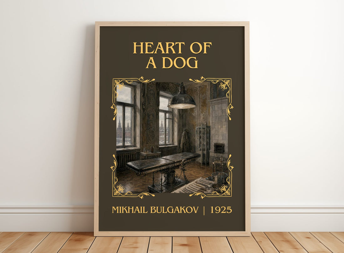 Heart of a Dog Classic Book Art Print by Mikhail Bulgakov – framed print leaning on a wooden floor