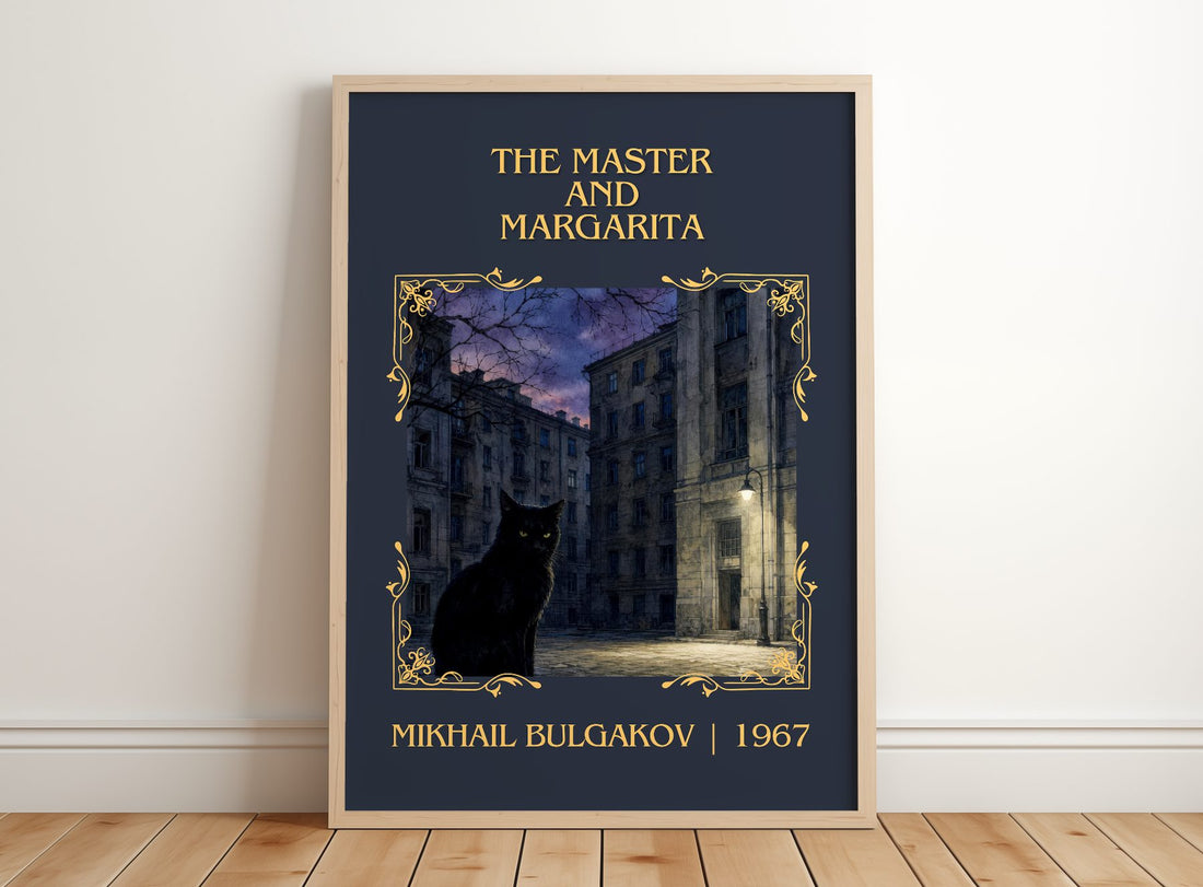 The Master and Margarita Classic Book Art Print by Mikhail Bulgakov – framed print leaning on a wooden floor
