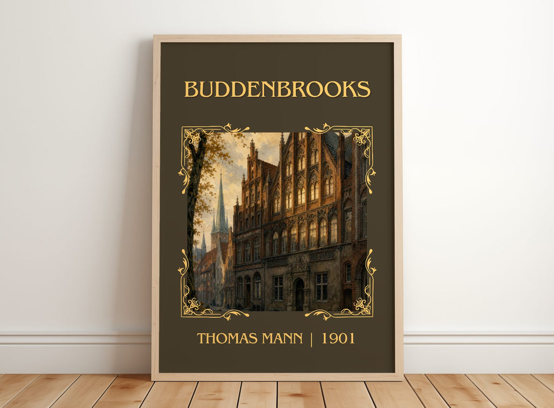 Buddenbrooks Classic Book Art Print by Thomas Mann – framed print leaning on a wooden floor