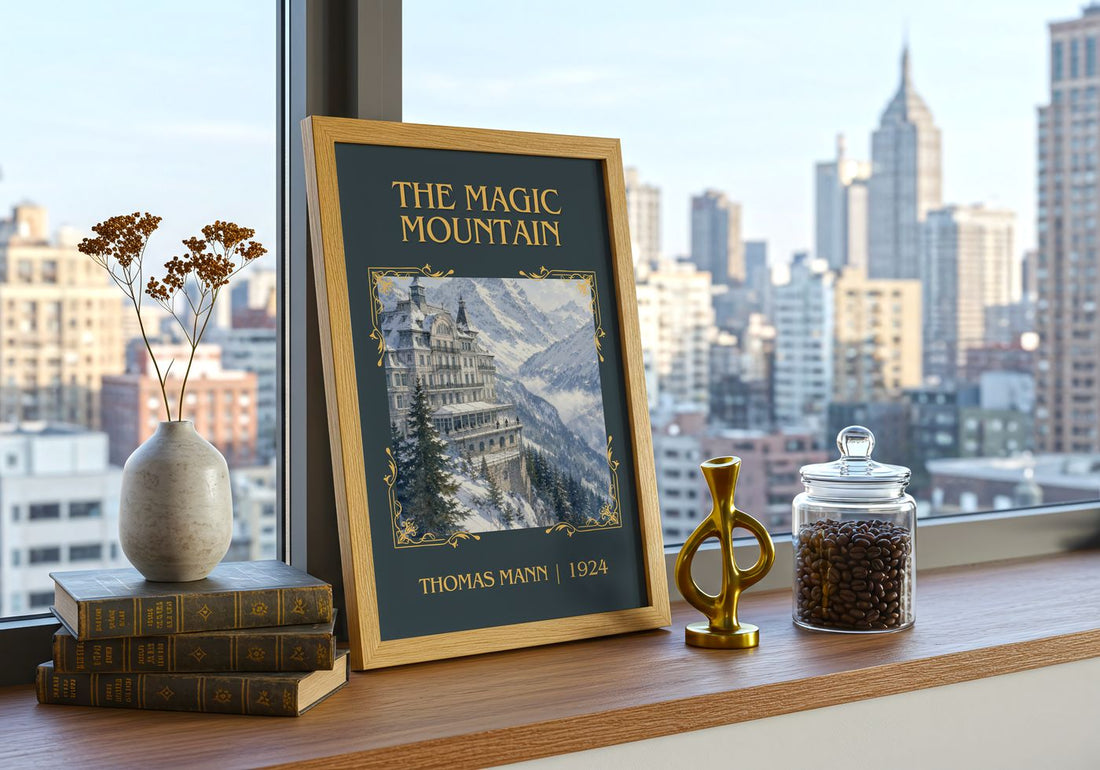 The Magic Mountain Classic Book Art Print by Thomas Mann – framed print on a city-view windowsill