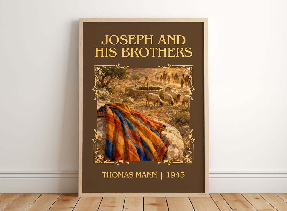 Joseph and His Brothers Classic Book Art Print by Thomas Mann – framed print leaning on a wooden floor