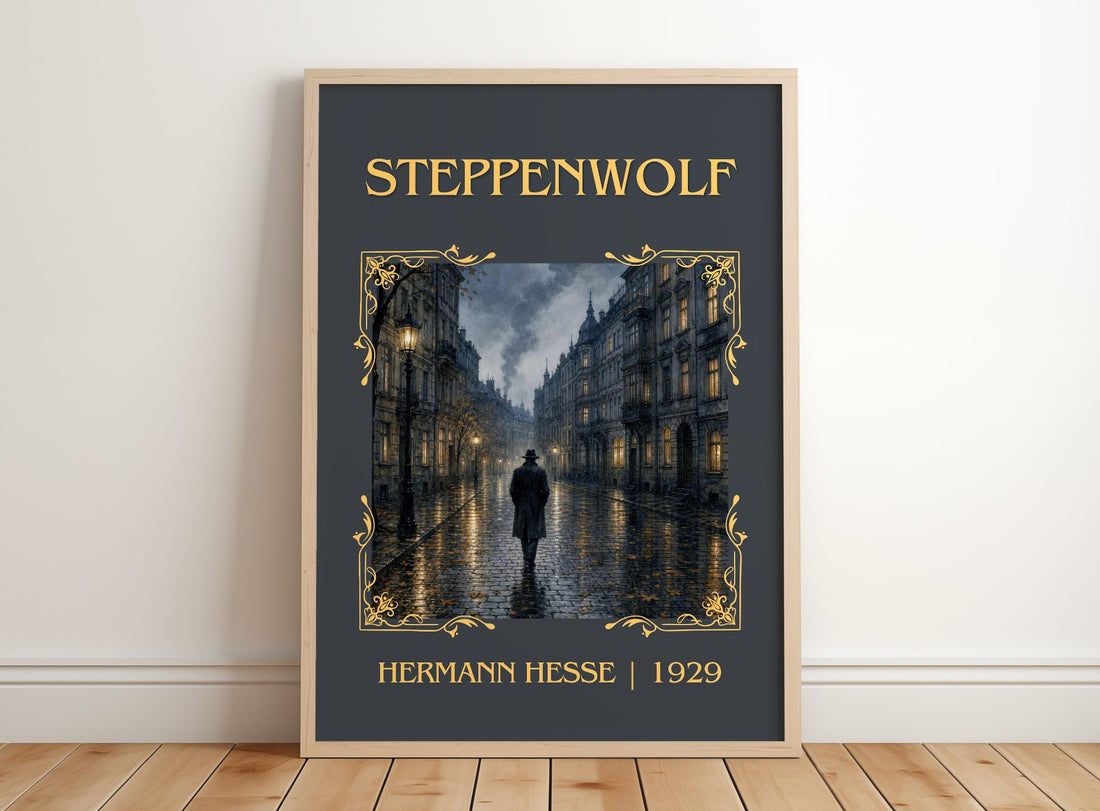Steppenwolf Classic Book Art Print by Hermann Hesse – framed print leaning on a wooden floor
