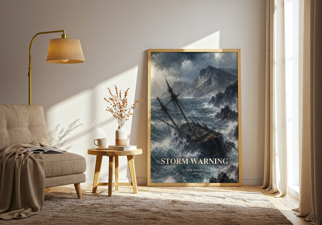 Storm Warning watercolour print in frame leaning in hallway – thriller wall art (mockup)