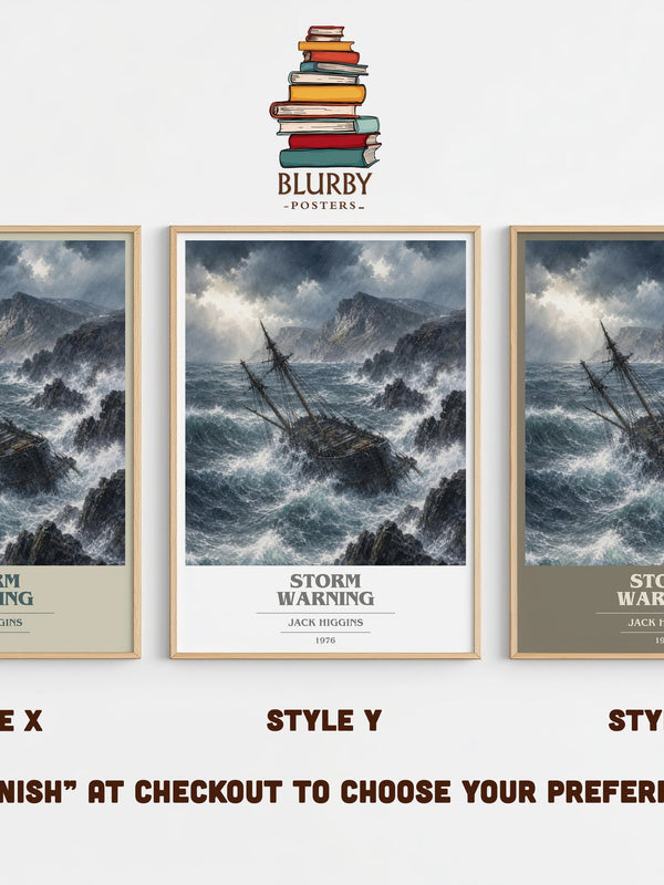 Storm Warning book cover print in frame leaning in hallway – thriller wall art
