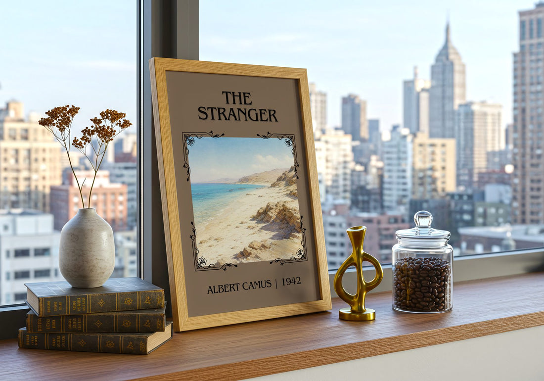 The Stranger Classic Book Art Print by Albert Camus – framed print on a city-view windowsill