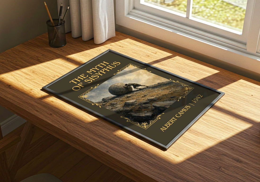 The Myth of Sisyphus Classic Book Art Print by Albert Camus – print on a sunlit desk
