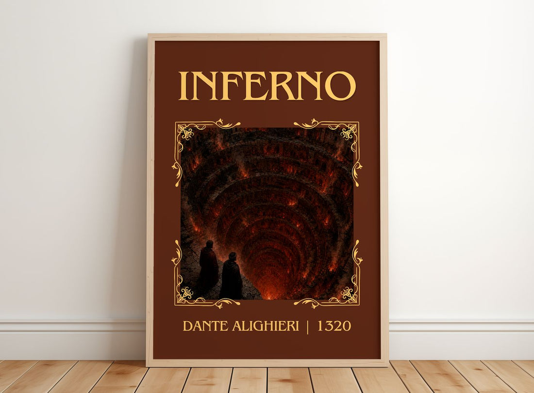 Inferno Classic Book Art Print by Dante Alighieri – framed print leaning on a wooden floor