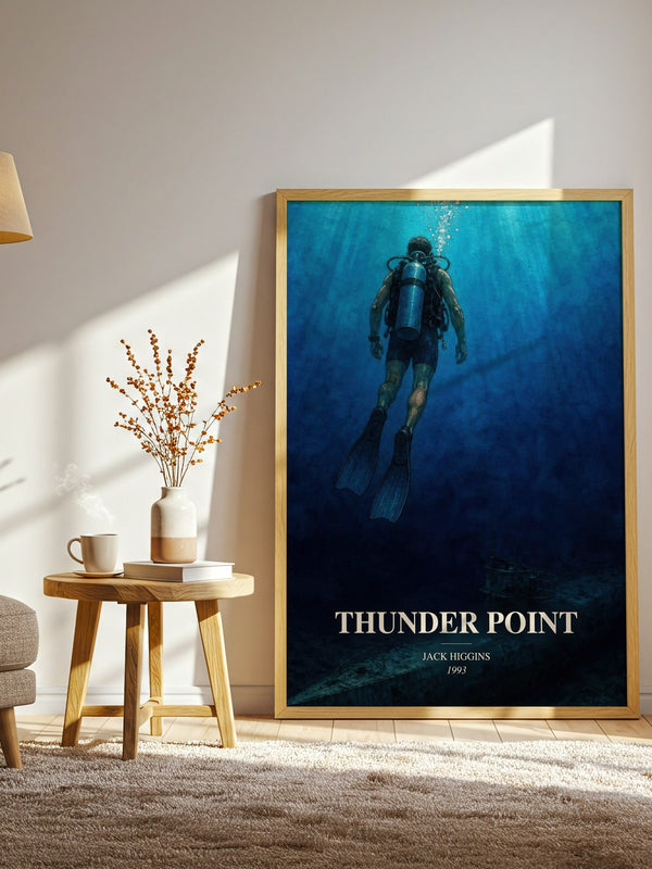 Thunder Point watercolour print in frame leaning in hallway – thriller wall art