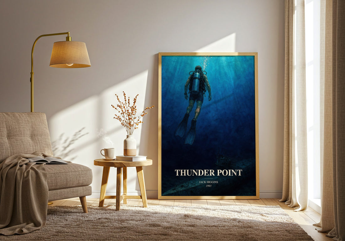 Thunder Point watercolour print in frame leaning in hallway – thriller wall art (mockup)