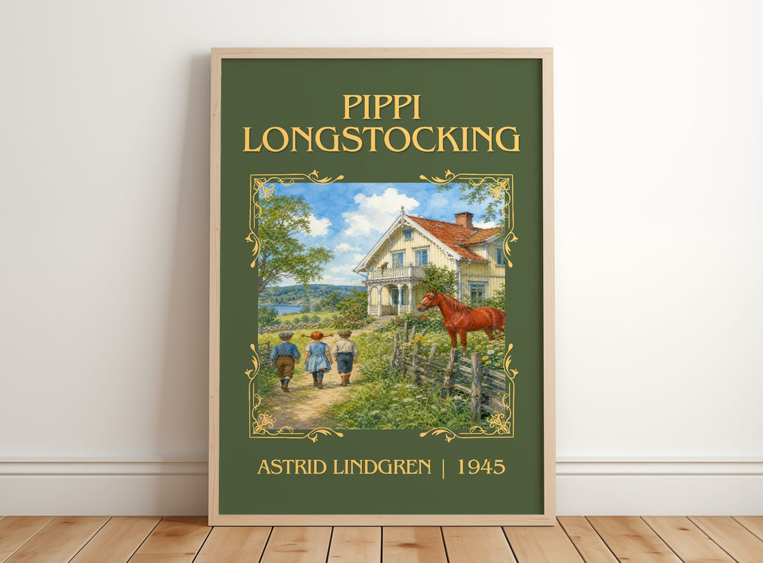 Pippi Longstocking Classic Book Art Print by Astrid Lindgren – framed print leaning on a wooden floor