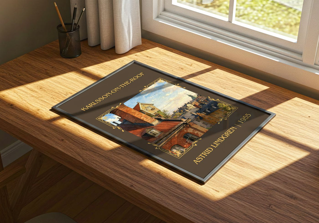 Karlsson-on-the-Roof Classic Book Art Print by Astrid Lindgren – print on a sunlit desk