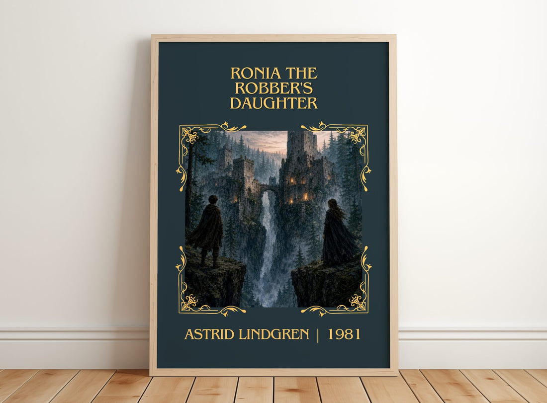 Ronia the Robber's Daughter Classic Book Art Print by Astrid Lindgren – framed print leaning on a wooden floor
