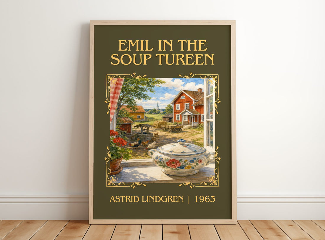 Emil in the Soup Tureen Classic Book Art Print by Astrid Lindgren – framed print leaning on a wooden floor