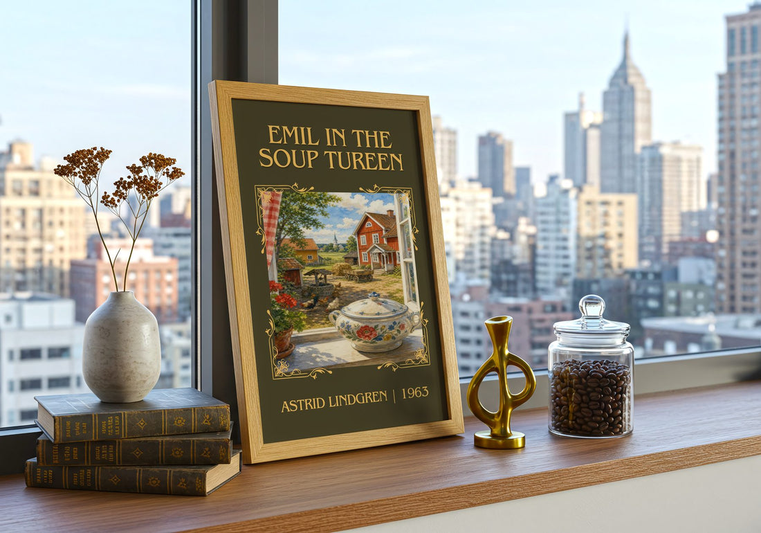 Emil in the Soup Tureen Classic Book Art Print by Astrid Lindgren – framed print on a city-view windowsill