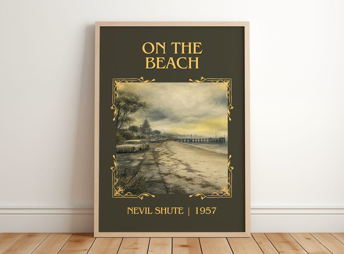 On the Beach Classic Book Art Print by Nevil Shute – framed print leaning on a wooden floor