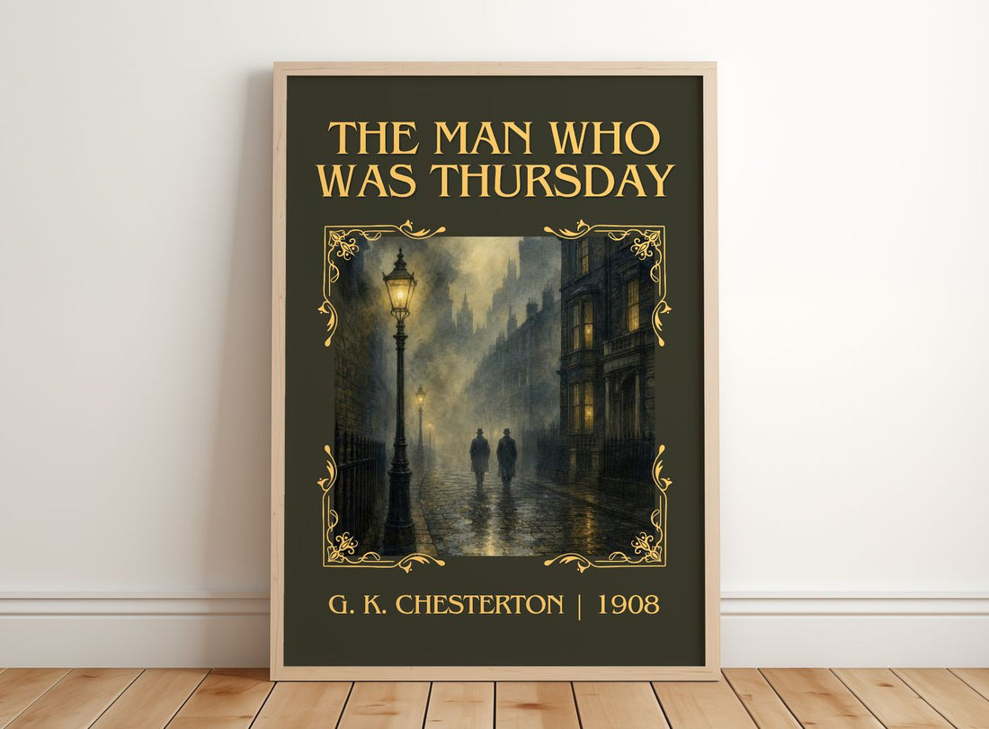 The Man Who Was Thursday Classic Book Art Print by G. K. Chesterton – framed print leaning on a wooden floor